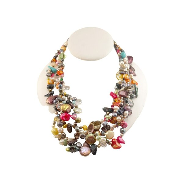 Multicolor Gemstone & Pearl Beaded Necklace Handmade Unique Statement Piece Mult - Picture 6 of 6